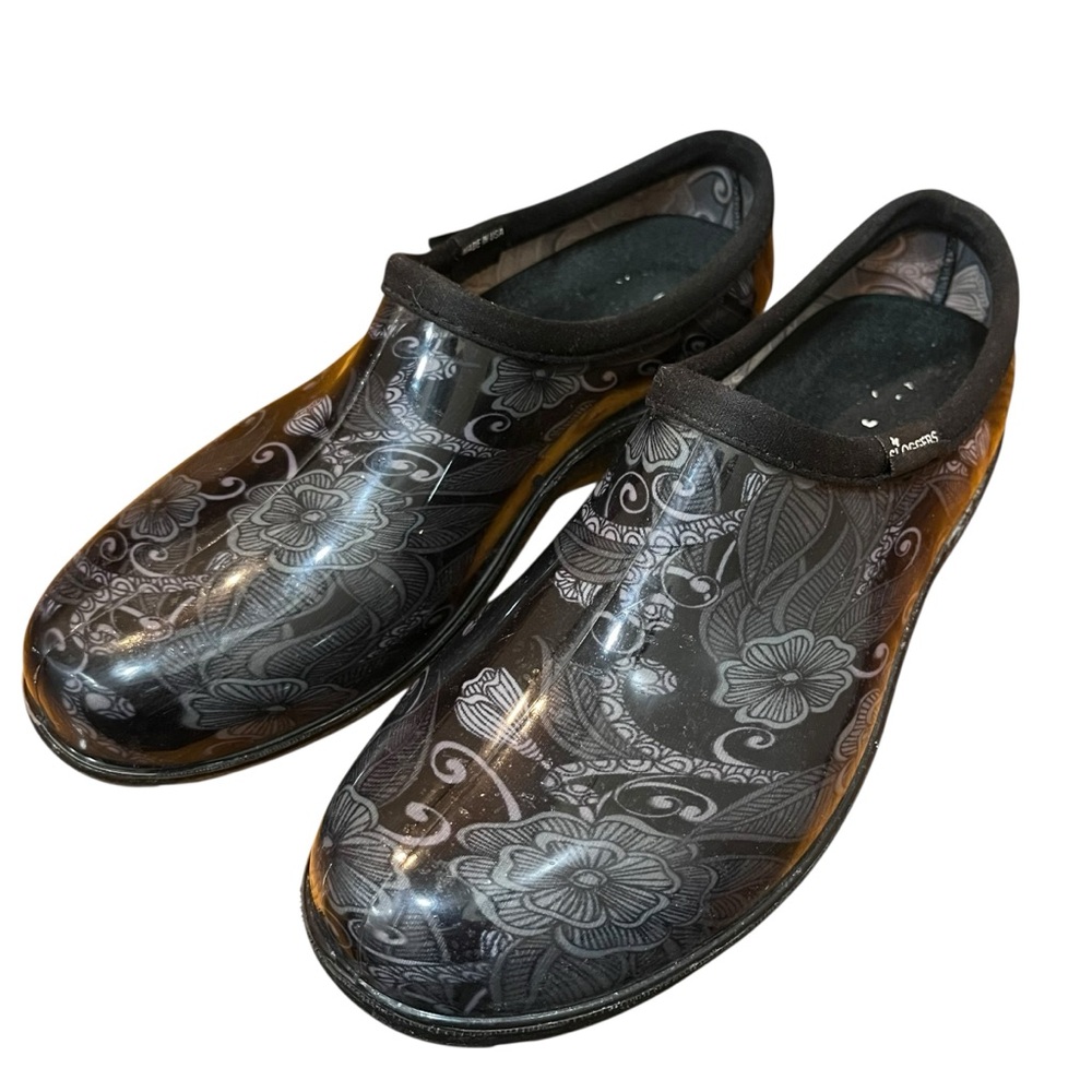 Sloggers Black Floral Rubber Shoes Slip-On Mules Garden Rain Waterproof Clogs